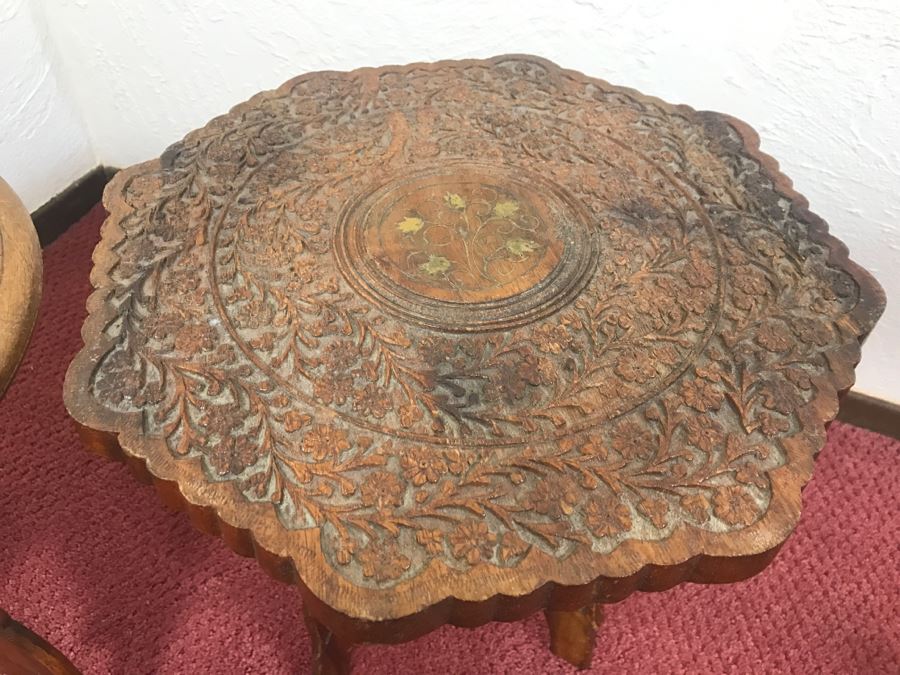 Pair Of Hand Carved Sheshum Wood Inlay Tables From India [Photo 2]