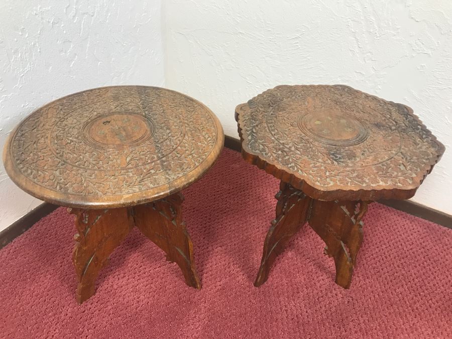 Pair Of Hand Carved Sheshum Wood Inlay Tables From India [Photo 4]