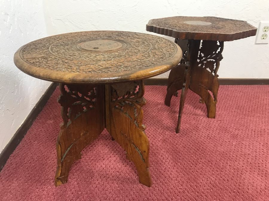 Pair Of Hand Carved Sheshum Wood Inlay Tables From India [Photo 1]