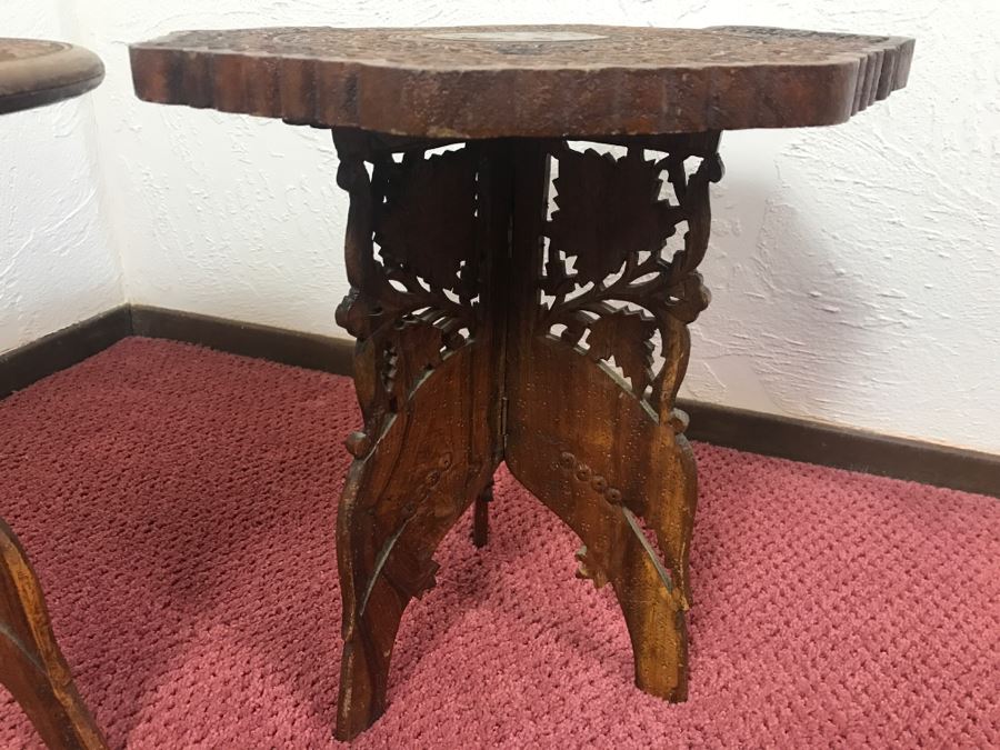 Pair Of Hand Carved Sheshum Wood Inlay Tables From India [Photo 6]
