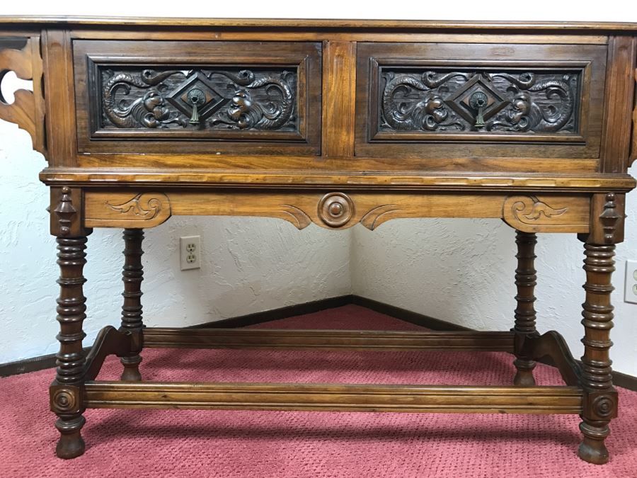 Stunning Unique Wood Carved Chinoiserie Console Media Table With 2-Drawers May Have Been From Hollywood Movie Set [Photo 9]