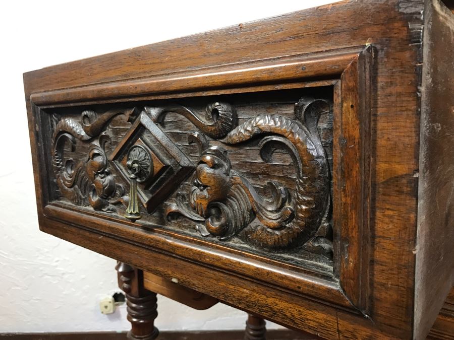 Stunning Unique Wood Carved Chinoiserie Console Media Table With 2-Drawers May Have Been From Hollywood Movie Set [Photo 10]