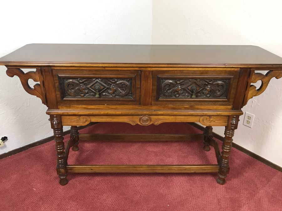 Stunning Unique Wood Carved Chinoiserie Console Media Table With 2-Drawers May Have Been From Hollywood Movie Set [Photo 4]