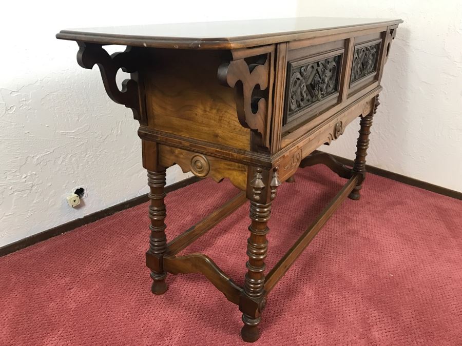 Stunning Unique Wood Carved Chinoiserie Console Media Table With 2-Drawers May Have Been From Hollywood Movie Set [Photo 3]