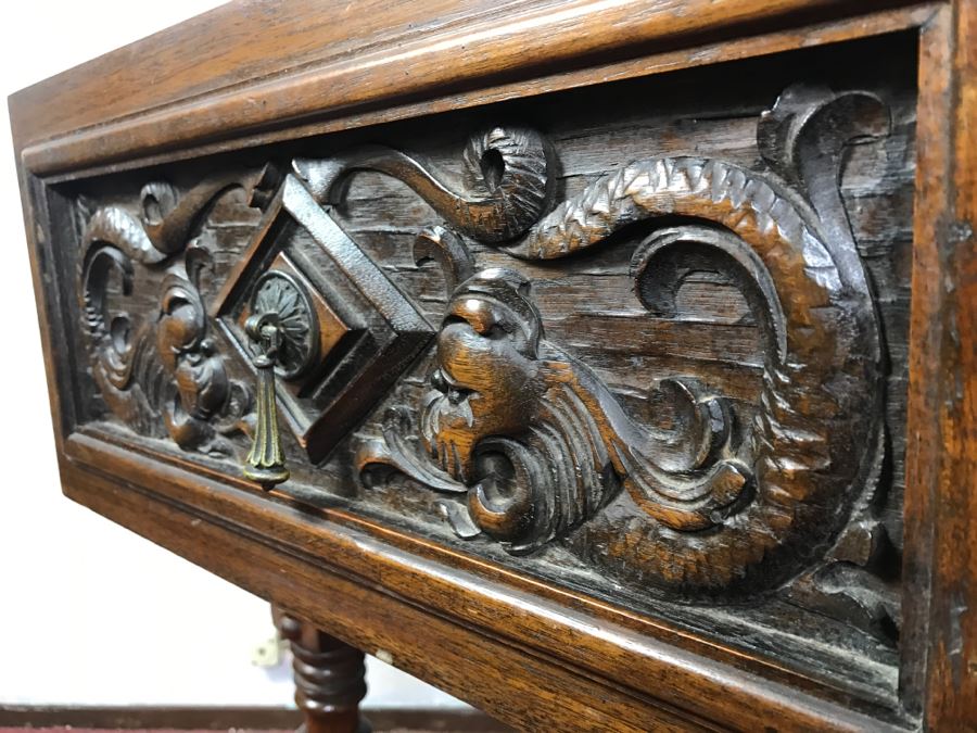 Stunning Unique Wood Carved Chinoiserie Console Media Table With 2-Drawers May Have Been From Hollywood Movie Set [Photo 11]