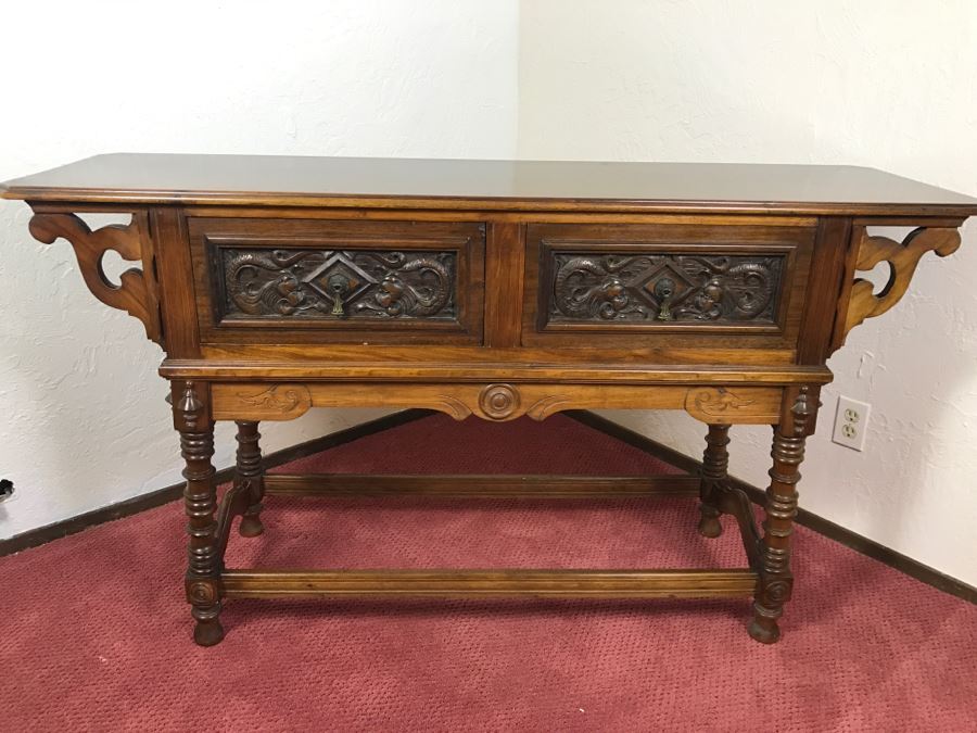 Stunning Unique Wood Carved Chinoiserie Console Media Table With 2-Drawers May Have Been From Hollywood Movie Set [Photo 2]
