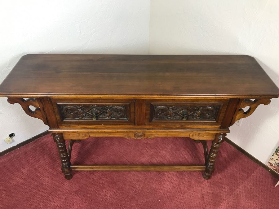 Stunning Unique Wood Carved Chinoiserie Console Media Table With 2-Drawers May Have Been From Hollywood Movie Set [Photo 5]