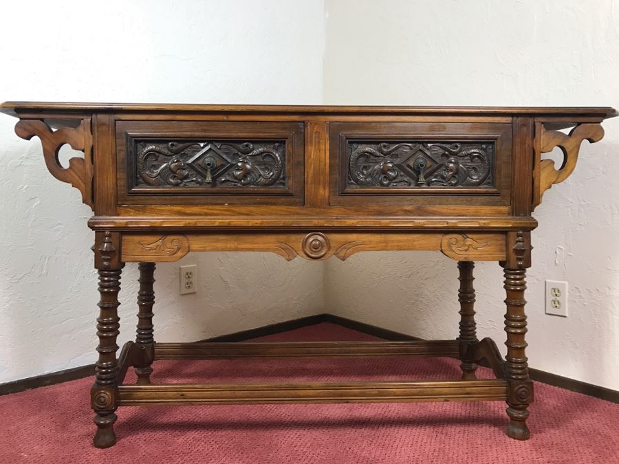Stunning Unique Wood Carved Chinoiserie Console Media Table With 2-Drawers May Have Been From Hollywood Movie Set