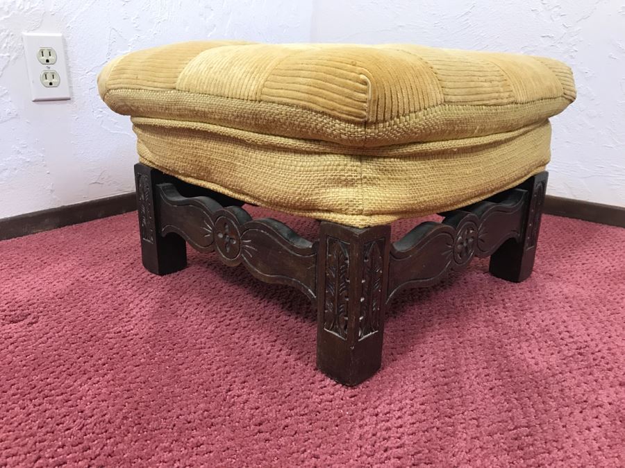 Vintage Square Carved Wood Stool Chair Bench