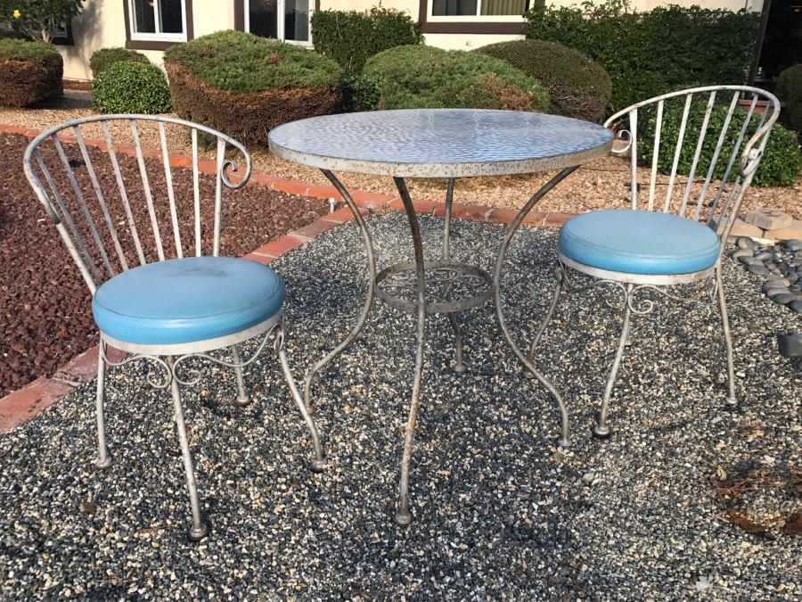 Vintage Wrought Iron Outdoor Cafe Glass Top Table With 2 Chairs