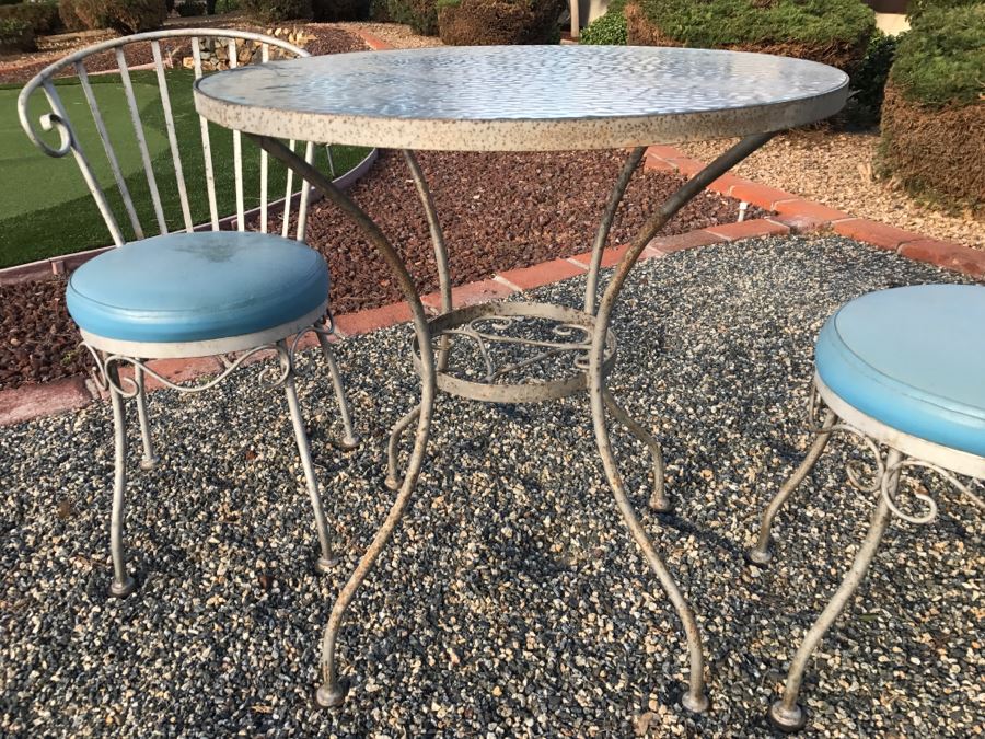 Vintage Wrought Iron Outdoor Cafe Glass Top Table With 2 Chairs [Photo 8]