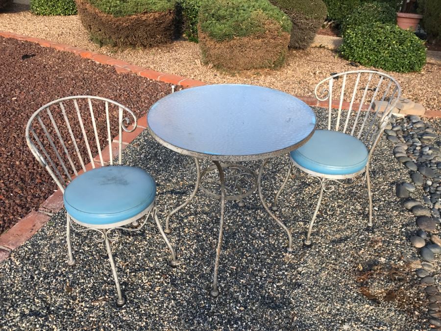 Vintage Wrought Iron Outdoor Cafe Glass Top Table With 2 Chairs [Photo 5]