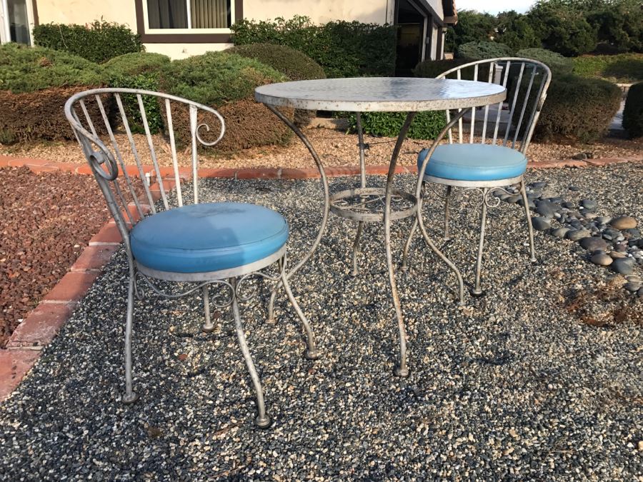 Vintage Wrought Iron Outdoor Cafe Glass Top Table With 2 Chairs [Photo 2]
