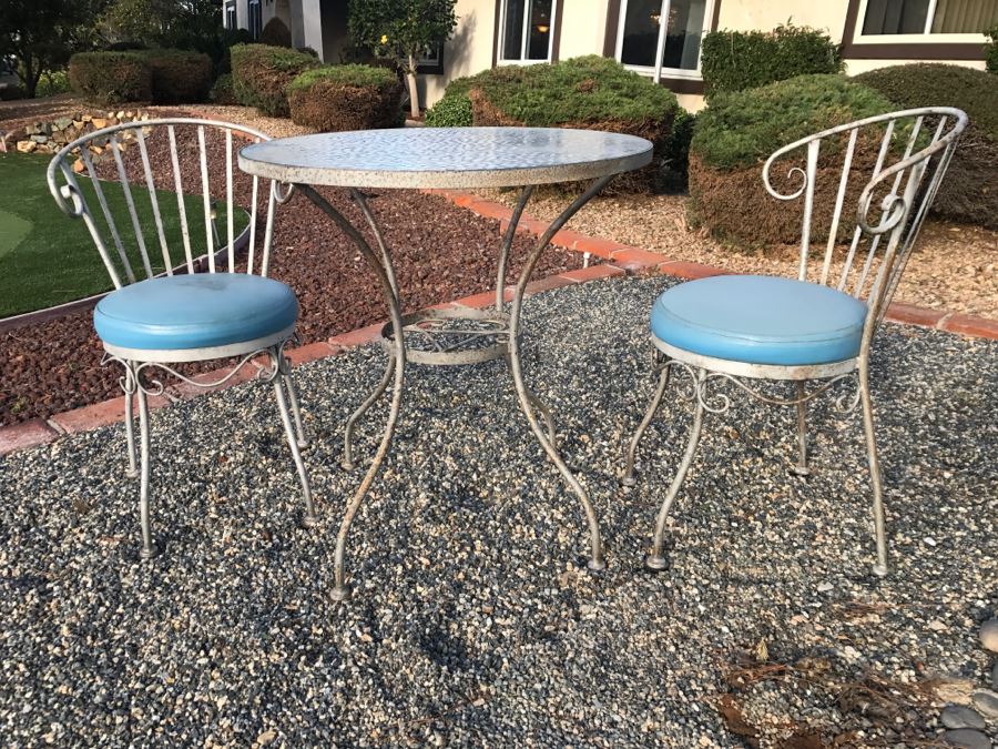 Vintage Wrought Iron Outdoor Cafe Glass Top Table With 2 Chairs