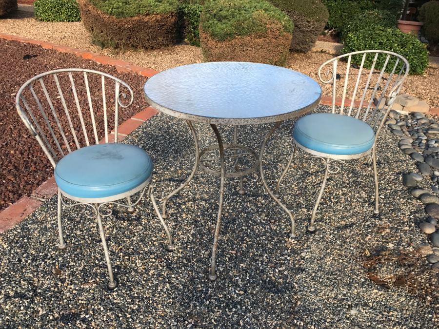 Vintage Wrought Iron Outdoor Cafe Glass Top Table With 2 Chairs [Photo 4]
