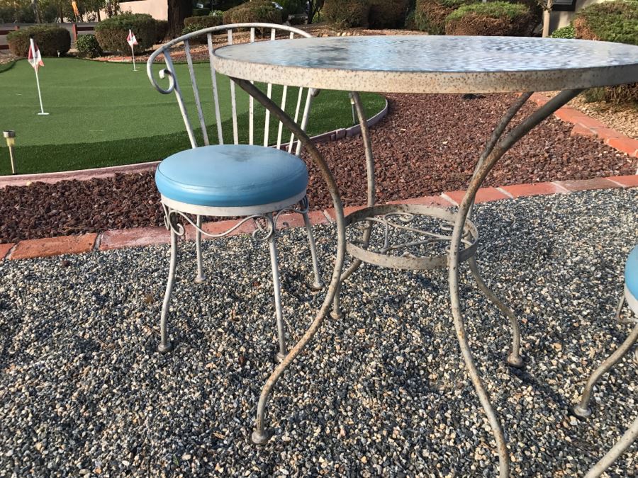 Vintage Wrought Iron Outdoor Cafe Glass Top Table With 2 Chairs [Photo 9]