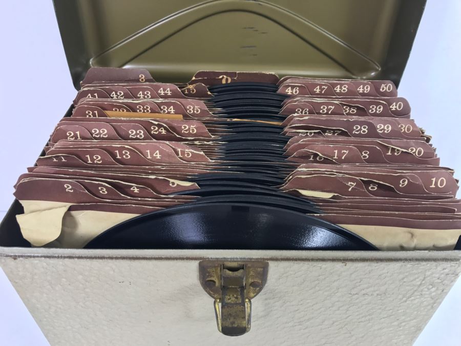 (50) Collection Of Various Japanese Vinyl Records Various Labels Victor, Columbia, King Record, Teichiku, Mercury, Tokyo Records In Vintage Metal Carrying Case
