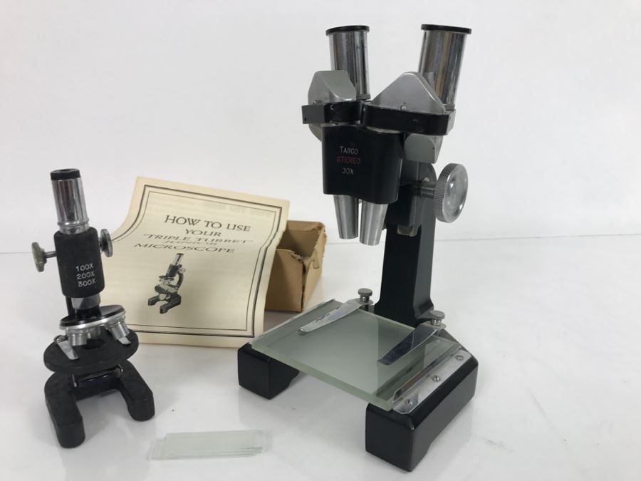 Vintage TASCO Stereo 30X Microscope And Triple Turret Junior Microscope Japan