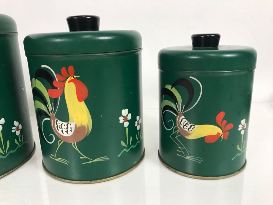 Set Of 4 Hand Painted Rooster Tins Ransburg Indianapolis USA [Photo 5]
