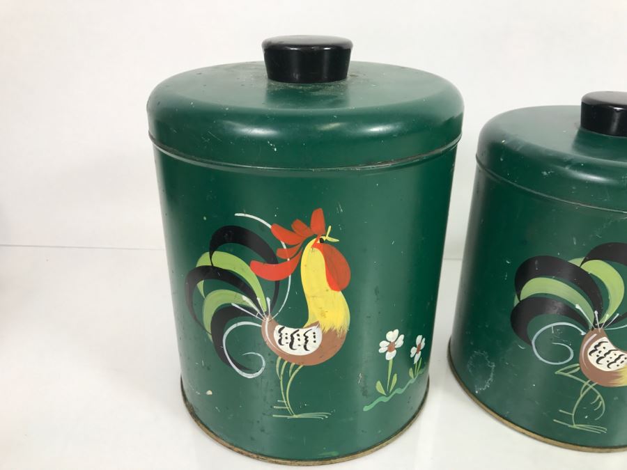 Set Of 4 Hand Painted Rooster Tins Ransburg Indianapolis USA [Photo 3]
