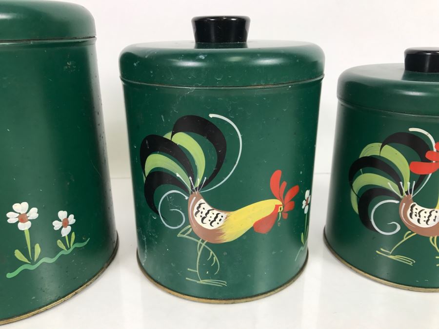Set Of 4 Hand Painted Rooster Tins Ransburg Indianapolis USA [Photo 4]