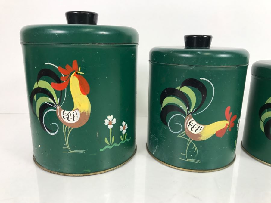 Set Of 4 Hand Painted Rooster Tins Ransburg Indianapolis USA [Photo 2]