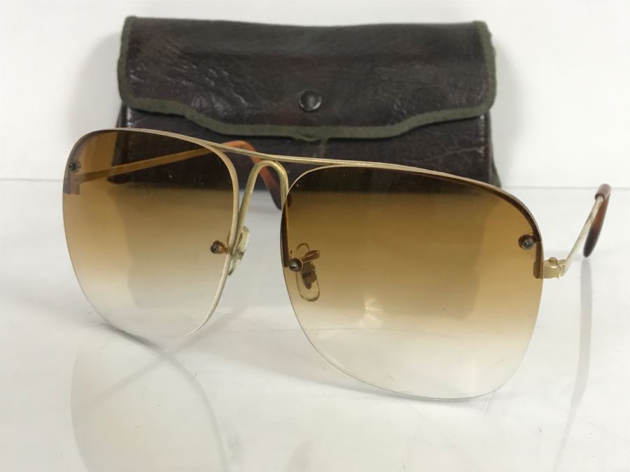 Vintage Mens HONG KONG Amber Sunglasses With Leather Carrying Case