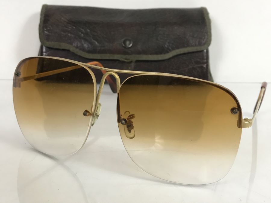 Vintage Mens HONG KONG Amber Sunglasses With Leather Carrying Case [Photo 1]