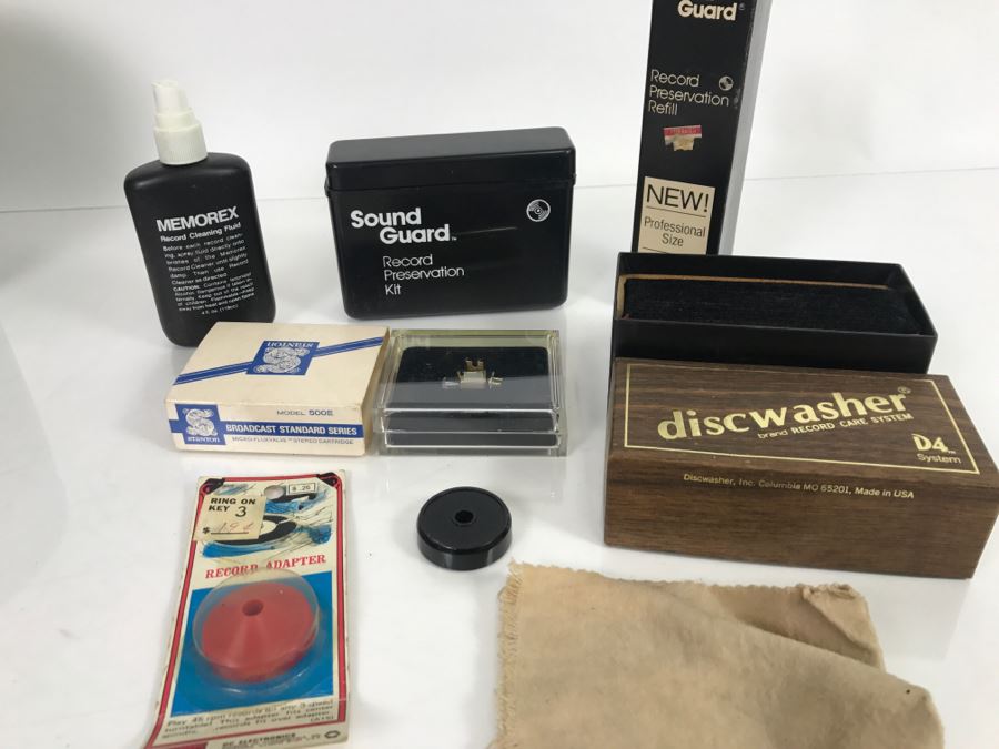 Various Vinyl Record Cleaning Supplies, Record Adapter And STANTON Broadcast Standard Series Stereo Record Player Cartridge Model 500E