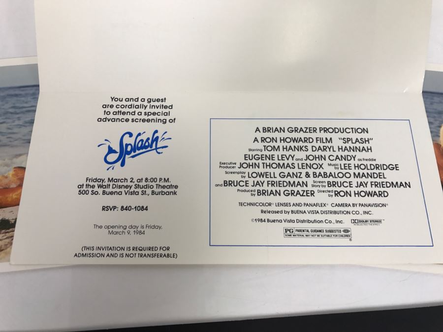 Various Ephemeral Items From The 1983/84 Movie 'Splash' Touchstone Films Including Ticket For Advanced Screening Tom Hanks, Daryl Hannah [Photo 13]