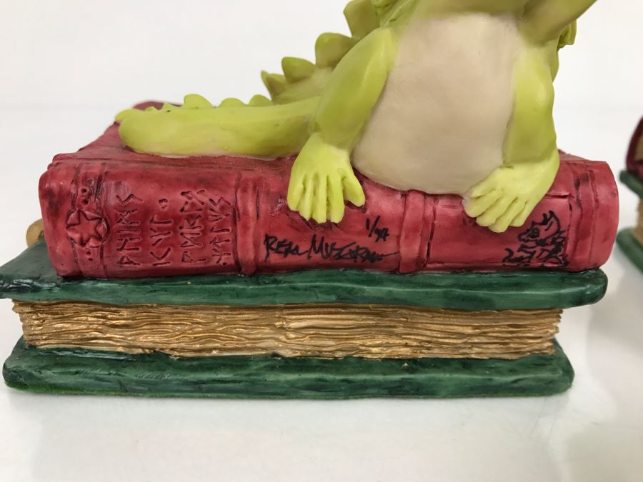 Both Bookends Hand Signed By Real Musgrave Pocket Dragon Figurine 1/94 - Whimsical World Of Pocket Dragons - The Book Ends - 1993 Real Musgrave, CWS, LOL Limited - Hand Made in UK [MV $125-$160 Unsigned] [Photo 4]