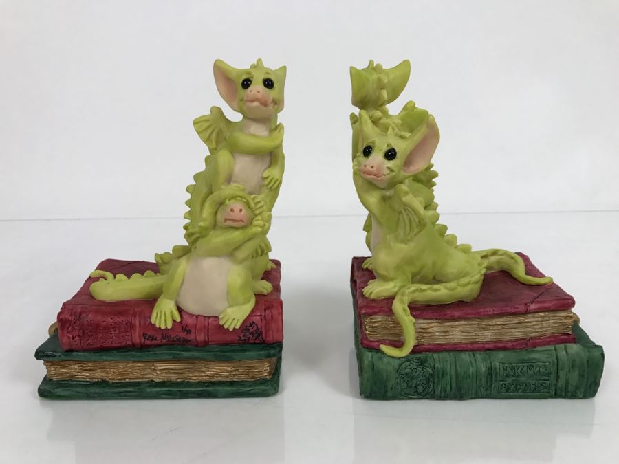 Both Bookends Hand Signed By Real Musgrave Pocket Dragon Figurine 1/94 - Whimsical World Of Pocket Dragons - The Book Ends - 1993 Real Musgrave, CWS, LOL Limited - Hand Made in UK [MV $125-$160 Unsigned] [Photo 2]