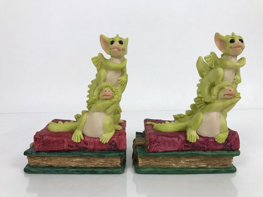 Both Bookends Hand Signed By Real Musgrave Pocket Dragon Figurine 1/94 - Whimsical World Of Pocket Dragons - The Book Ends - 1993 Real Musgrave, CWS, LOL Limited - Hand Made in UK [MV $125-$160 Unsigned] [Photo 7]