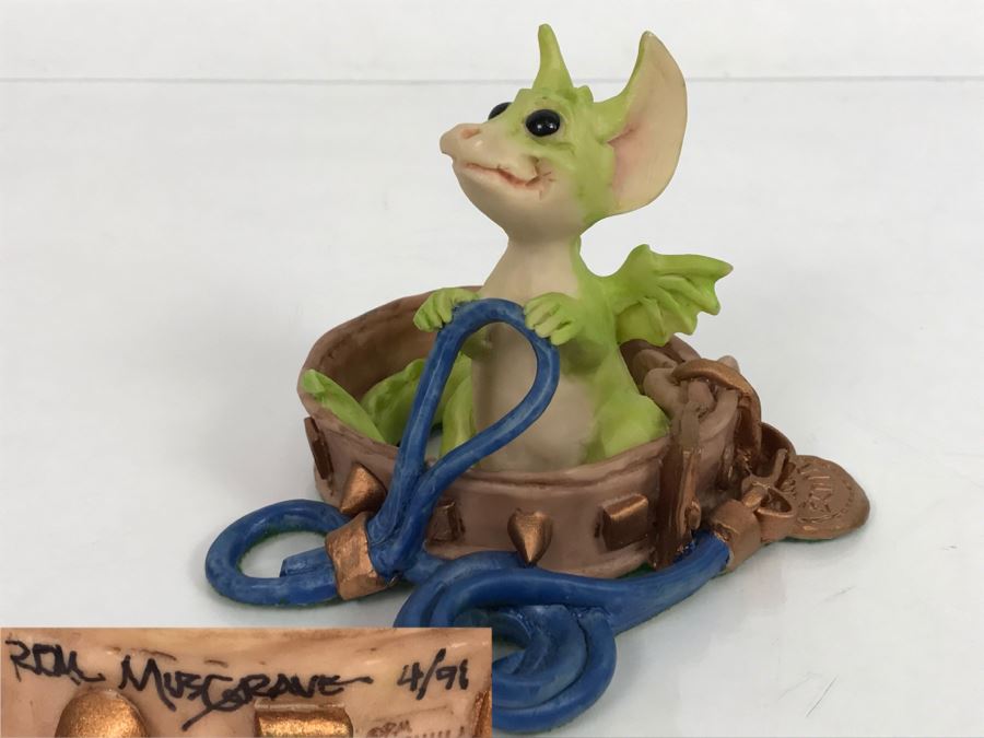 Hand Signed By Real Musgrave Pocket Dragon Figurine 4/91 - Whimsical World Of Pocket Dragons - Walkies?  - 1989 - Lilliput Lane Land Of Legend Limited - Hand Made in UK [MV $300-$400 Unsigned]