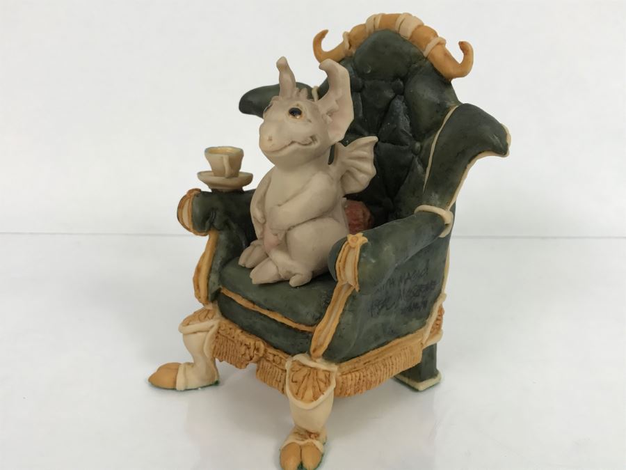 Hand Signed By Real Musgrave Pocket Dragon Figurine With Personal Message “With Magic'- Whimsical World Of Pocket Dragons - Gargoyle Hoping For Teacakes - 1989 - Lilliput Lane Land Of Legend Limited - Hand Made in UK - [MV $1,500-$1,700 Unsigned] [Photo 3]
