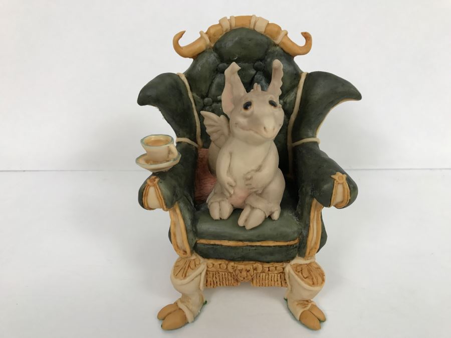 Hand Signed By Real Musgrave Pocket Dragon Figurine With Personal Message “With Magic'- Whimsical World Of Pocket Dragons - Gargoyle Hoping For Teacakes - 1989 - Lilliput Lane Land Of Legend Limited - Hand Made in UK - [MV $1,500-$1,700 Unsigned] [Photo 2]