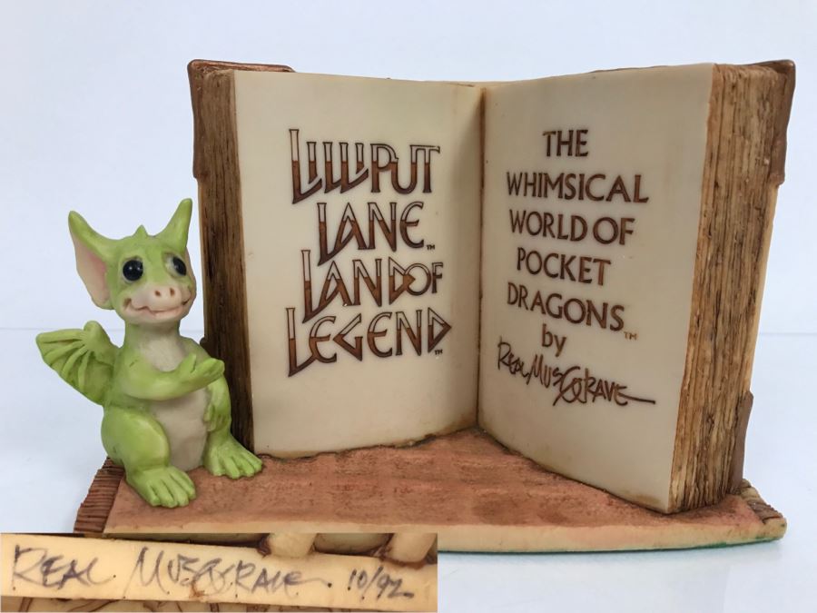 Hand Signed By Real Musgrave Pocket Dragon Figurine 10/92 - Whimsical World Of Pocket Dragons - Counter Sign - 1989 - Lilliput Lane Land Of Legend Limited - Hand Made in UK - [Market Value $250-$400 Unsigned] (All Following Market Values Are From 2014) [Photo 1]