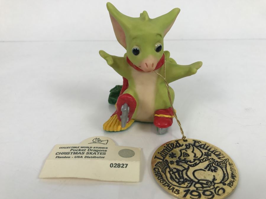 Whimsical World Of Pocket Dragons - Christmas Skates - 1995 RM/CWAL/CWSL - Flambro - Plus Additional Limited Edition 1996 Christmas Ornament [MV $80-$100] [Photo 1]