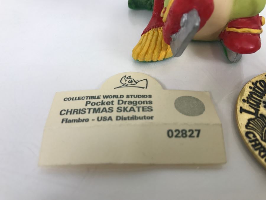 Whimsical World Of Pocket Dragons - Christmas Skates - 1995 RM/CWAL/CWSL - Flambro - Plus Additional Limited Edition 1996 Christmas Ornament [MV $80-$100] [Photo 4]