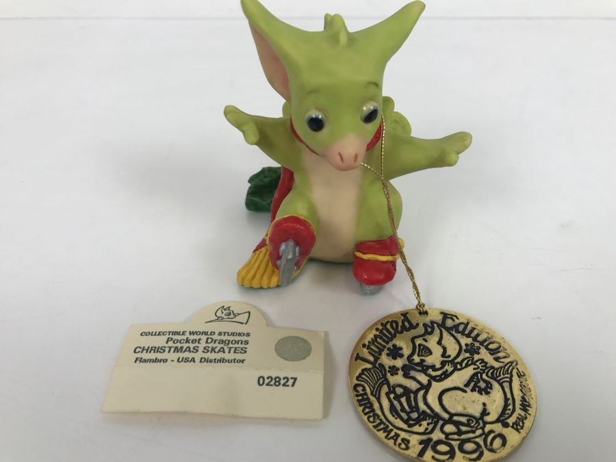 Whimsical World Of Pocket Dragons - Christmas Skates - 1995 RM/CWAL/CWSL - Flambro - Plus Additional Limited Edition 1996 Christmas Ornament [MV $80-$100] [Photo 2]