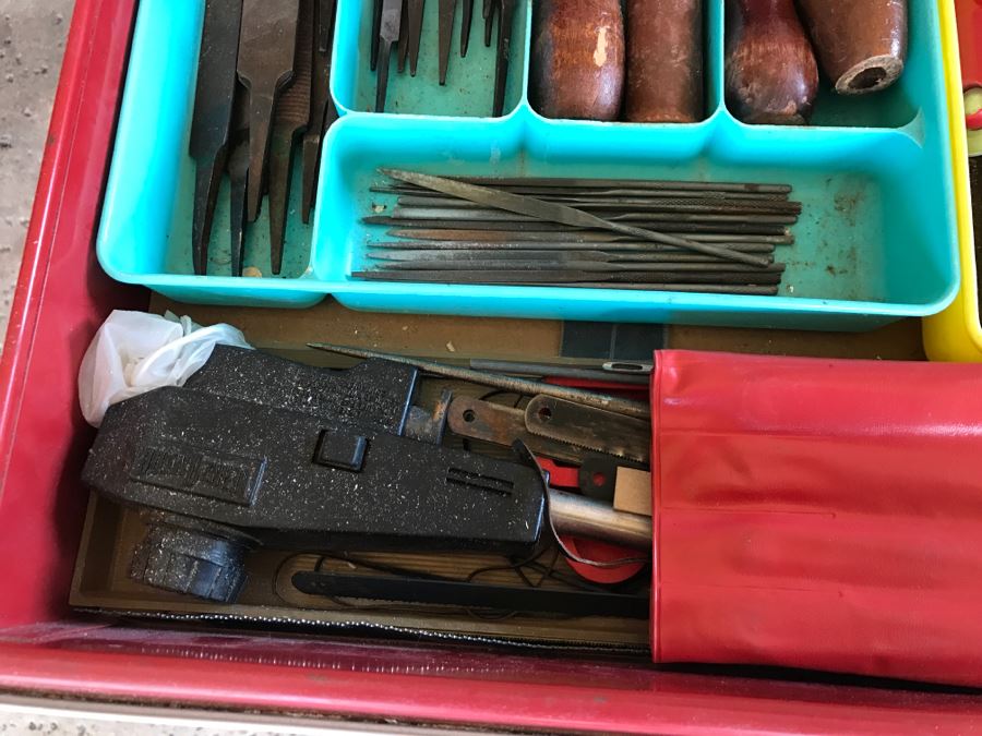 Vintage Red Sears CRAFTSMAN Rolling Toolbox Loaded With Tool Treasures Including Wood Planes, Vintage Hand Drills, Hand Files And Tons Of Hardware - SEE ALL PHOTOS [Photo 40]