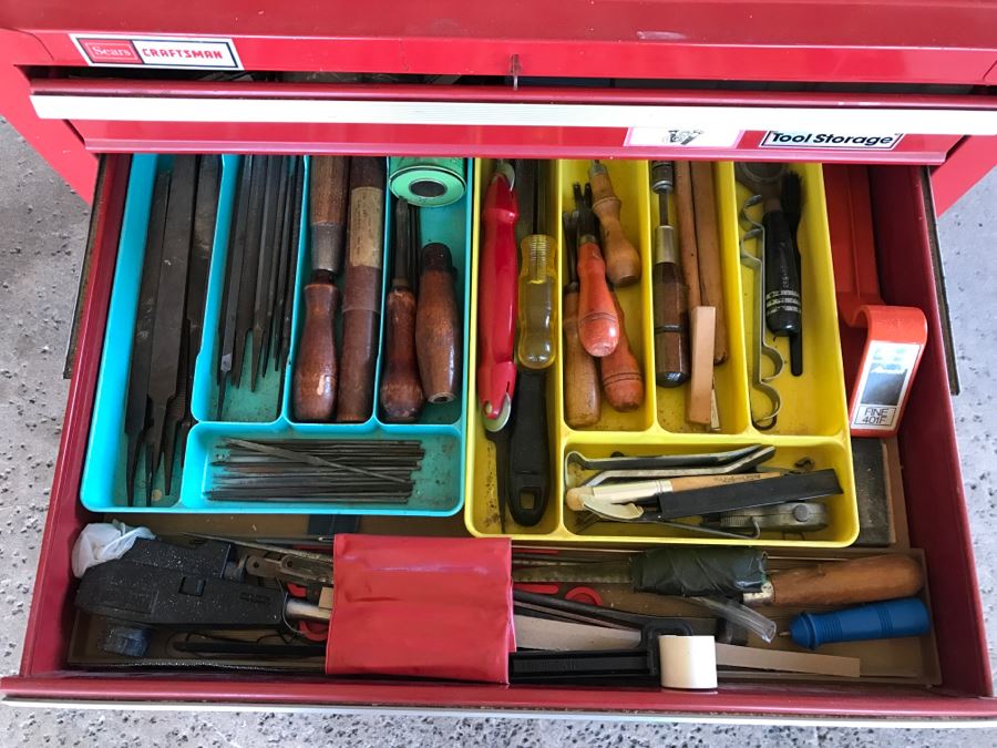 Vintage Red Sears CRAFTSMAN Rolling Toolbox Loaded With Tool Treasures Including Wood Planes, Vintage Hand Drills, Hand Files And Tons Of Hardware - SEE ALL PHOTOS [Photo 26]