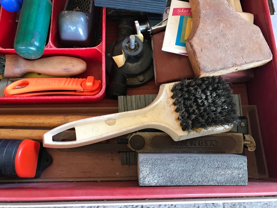 Vintage Red Sears CRAFTSMAN Rolling Toolbox Loaded With Tool Treasures Including Wood Planes, Vintage Hand Drills, Hand Files And Tons Of Hardware - SEE ALL PHOTOS [Photo 23]