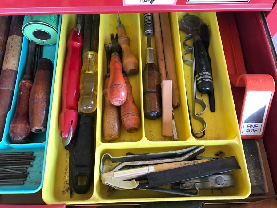 Vintage Red Sears CRAFTSMAN Rolling Toolbox Loaded With Tool Treasures Including Wood Planes, Vintage Hand Drills, Hand Files And Tons Of Hardware - SEE ALL PHOTOS [Photo 33]
