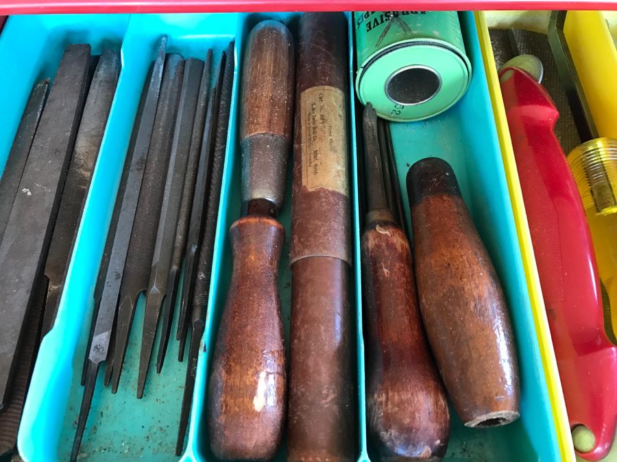 Vintage Red Sears CRAFTSMAN Rolling Toolbox Loaded With Tool Treasures Including Wood Planes, Vintage Hand Drills, Hand Files And Tons Of Hardware - SEE ALL PHOTOS [Photo 32]