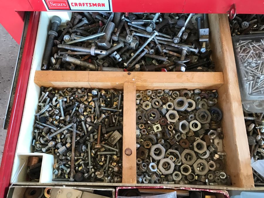 Vintage Red Sears CRAFTSMAN Rolling Toolbox Loaded With Tool Treasures Including Wood Planes, Vintage Hand Drills, Hand Files And Tons Of Hardware - SEE ALL PHOTOS [Photo 44]