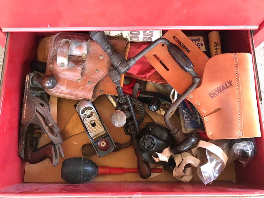 Vintage Red Sears CRAFTSMAN Rolling Toolbox Loaded With Tool Treasures Including Wood Planes, Vintage Hand Drills, Hand Files And Tons Of Hardware - SEE ALL PHOTOS [Photo 6]
