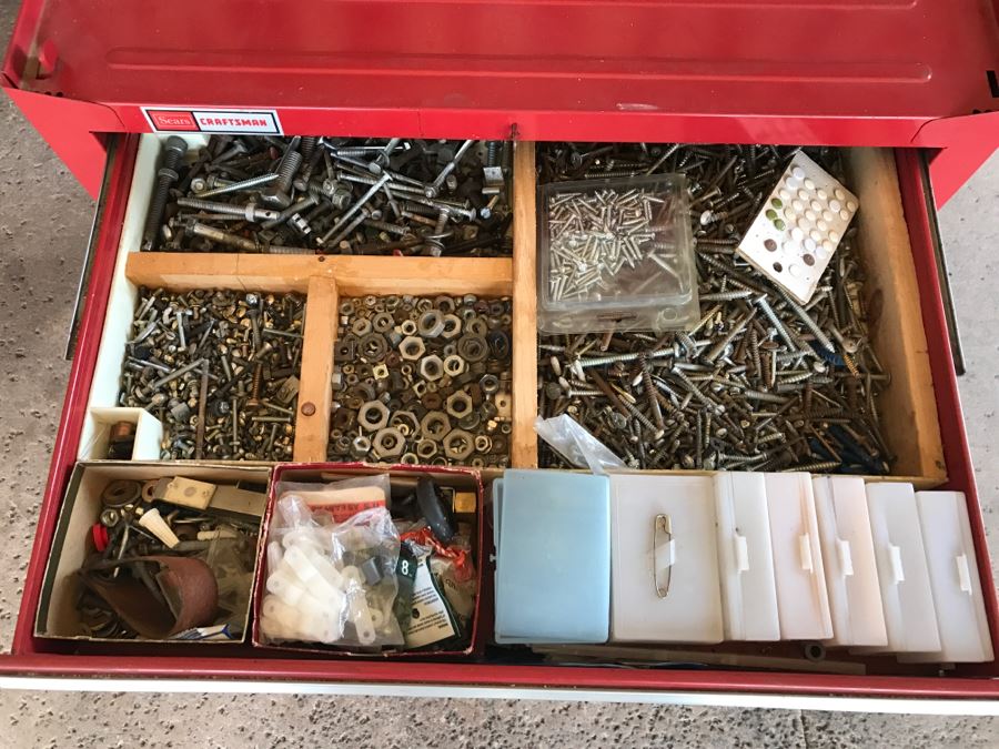 Vintage Red Sears CRAFTSMAN Rolling Toolbox Loaded With Tool Treasures Including Wood Planes, Vintage Hand Drills, Hand Files And Tons Of Hardware - SEE ALL PHOTOS [Photo 43]