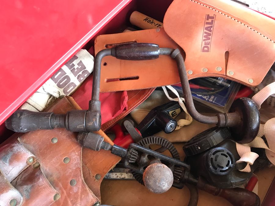 Vintage Red Sears CRAFTSMAN Rolling Toolbox Loaded With Tool Treasures Including Wood Planes, Vintage Hand Drills, Hand Files And Tons Of Hardware - SEE ALL PHOTOS [Photo 11]