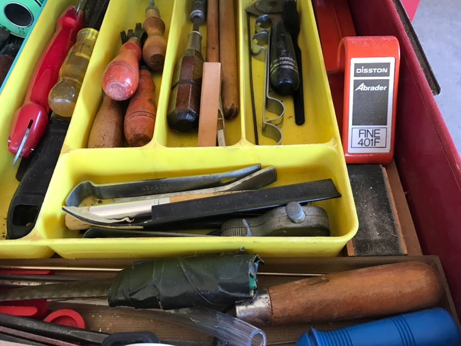 Vintage Red Sears CRAFTSMAN Rolling Toolbox Loaded With Tool Treasures Including Wood Planes, Vintage Hand Drills, Hand Files And Tons Of Hardware - SEE ALL PHOTOS [Photo 38]
